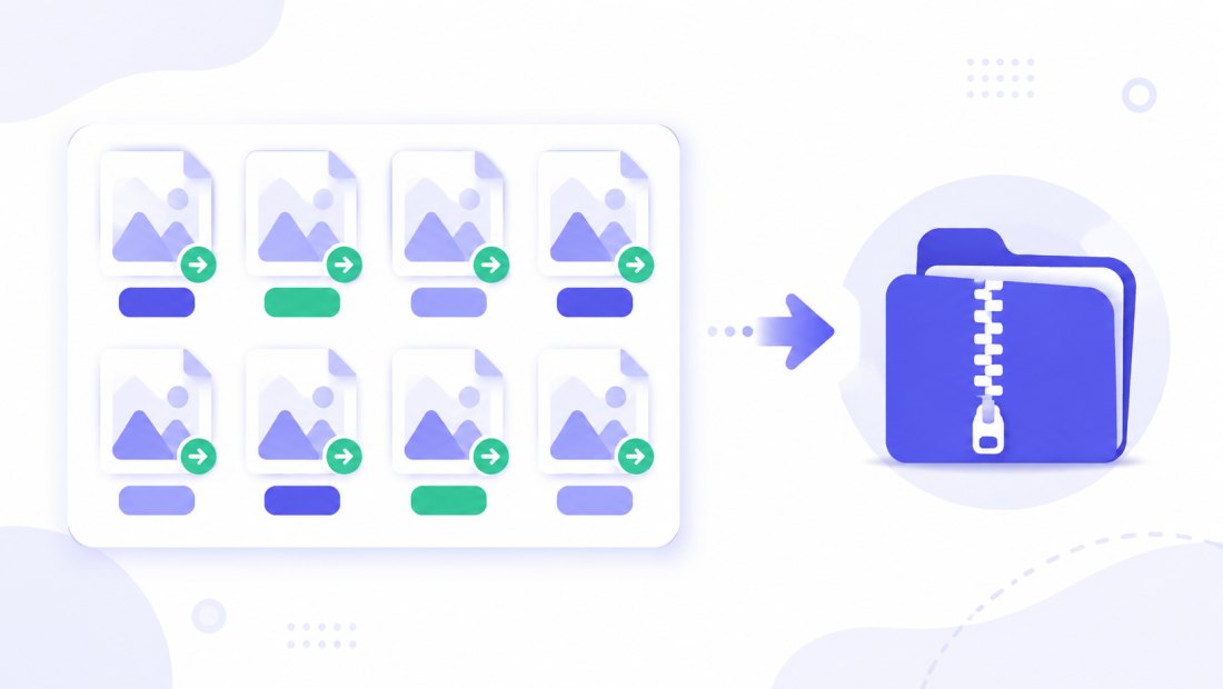 A grid of file thumbnails each with a small conversion badge, with an arrow to a single ZIP folder