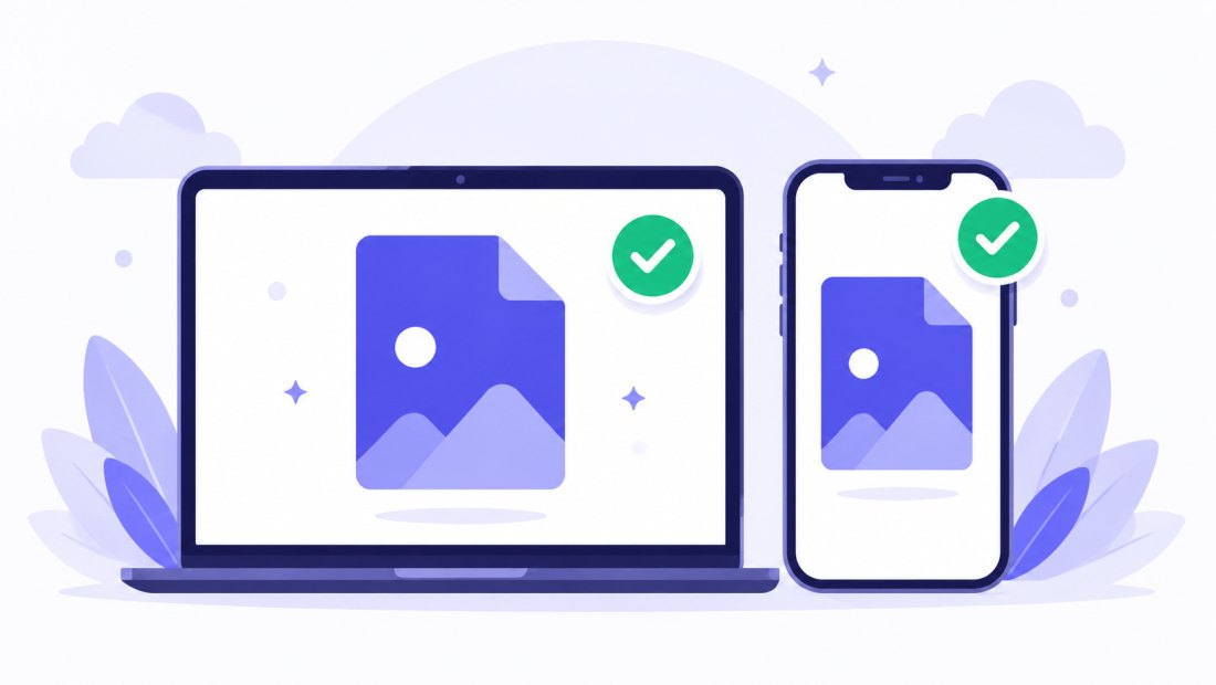 The converted file opening on a laptop and a phone, each with a green checkmark