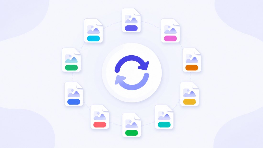 Several file icons with different format chips arranged around a central convert-and-swap icon