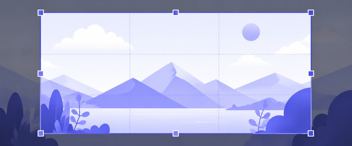 A photo thumbnail with a draggable crop frame, eight resize handles and rule-of-thirds guides