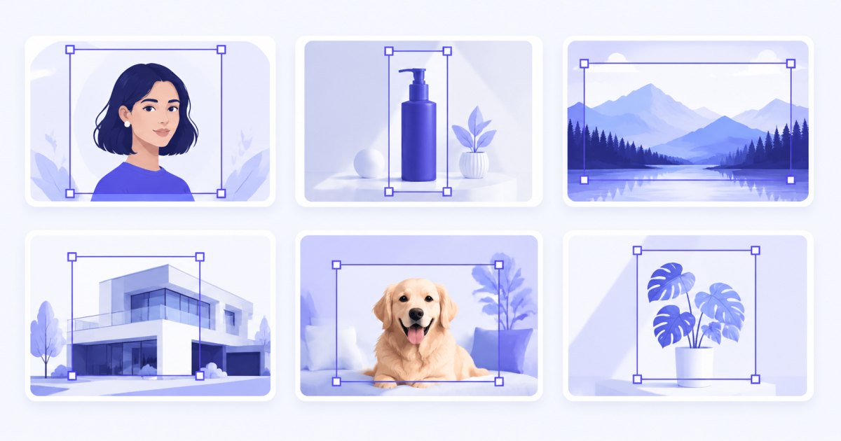 A grid of photo thumbnails, each with its own crop frame placed in a different spot