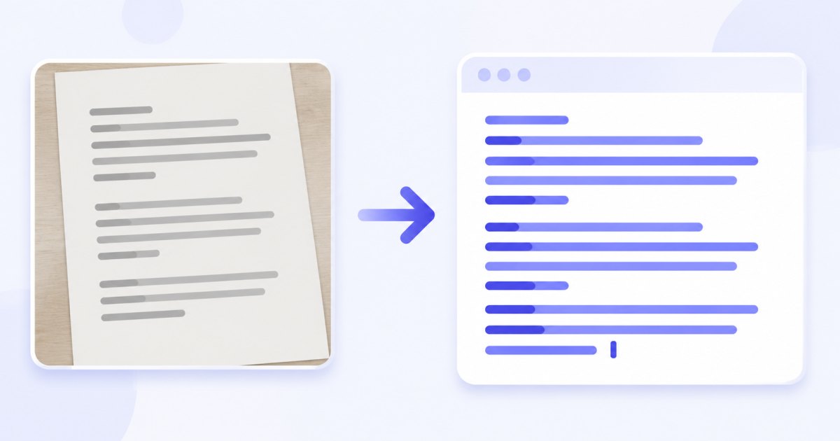 A document image with lines of text on the left turning into clean selectable text lines on the right