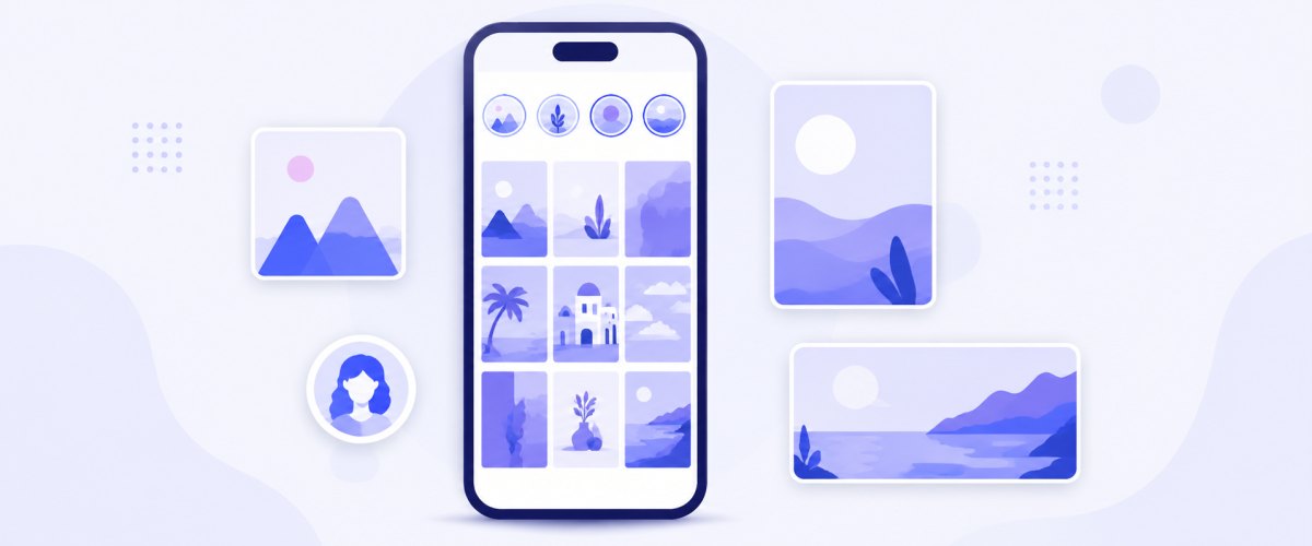 A phone showing the Instagram formats: a square feed post, a portrait post, a 9:16 story and a round profile picture