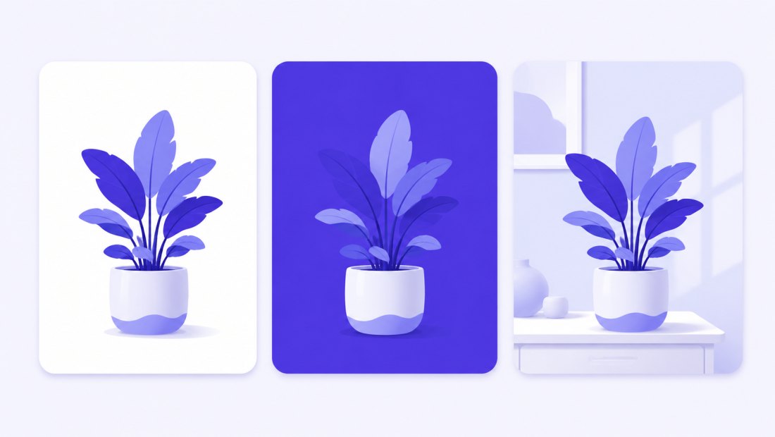 A transparent cutout placed on three backgrounds: plain white, a solid colour and a new scene