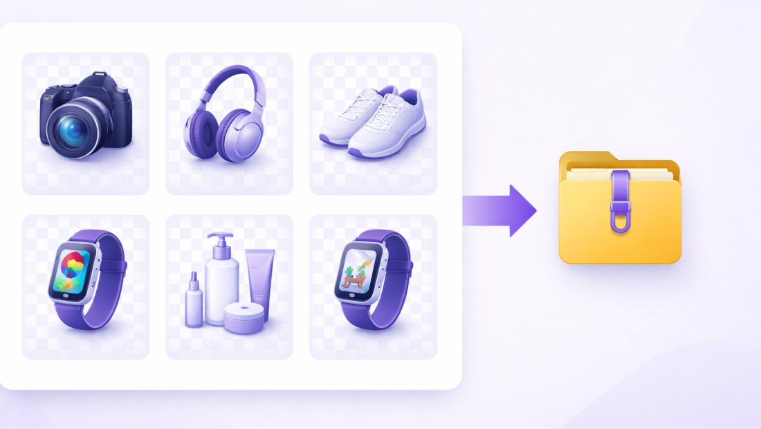 A grid of product photos, each with its background removed to transparent, beside a ZIP folder