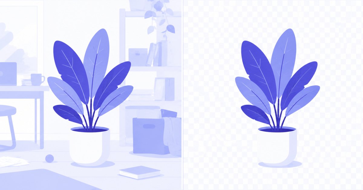 Before and after of background removal: a photo with a busy background, then the subject on a transparent checkerboard