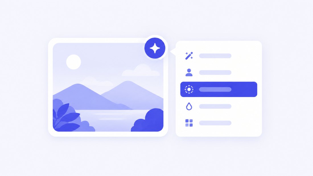 A thumbnail showing the sparkle AI menu opening with a background-removal option