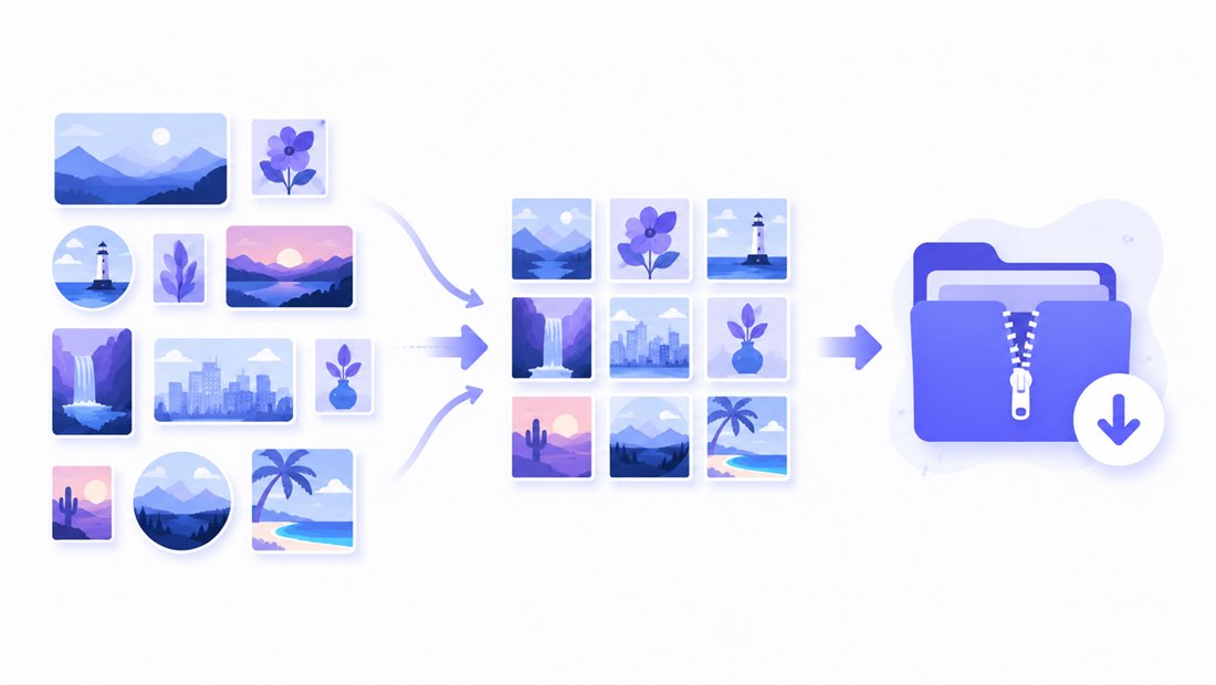 A grid of thumbnails all normalised to 1920×1080 flowing into a single ZIP folder