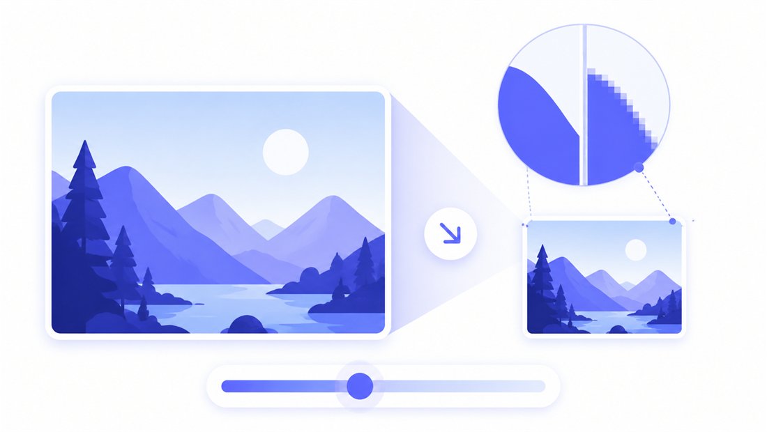 A sharp 1920×1080 result beside a blurry one, with a quality slider and size readout