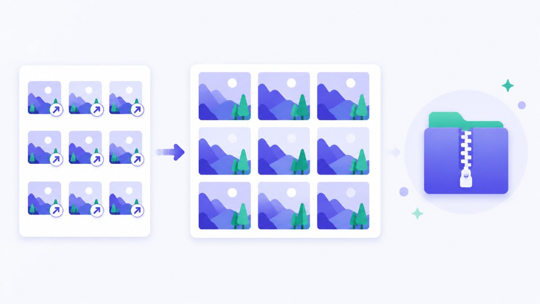 A grid of small thumbnails being upscaled into larger sharp images, with an arrow to a ZIP folder