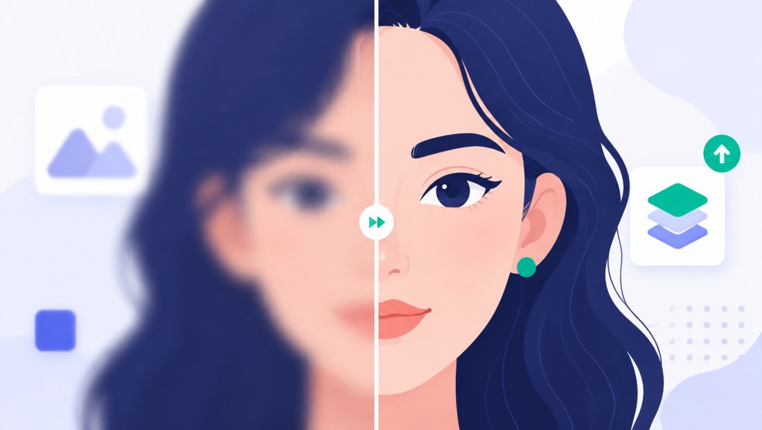 A close-up of a face before and after, showing recovered detail in the eyes and hair
