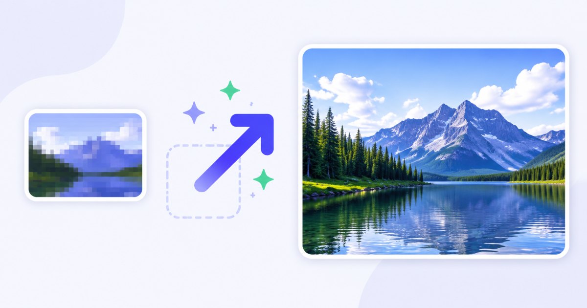 A small low-resolution photo on the left turning into a large, sharp version on the right
