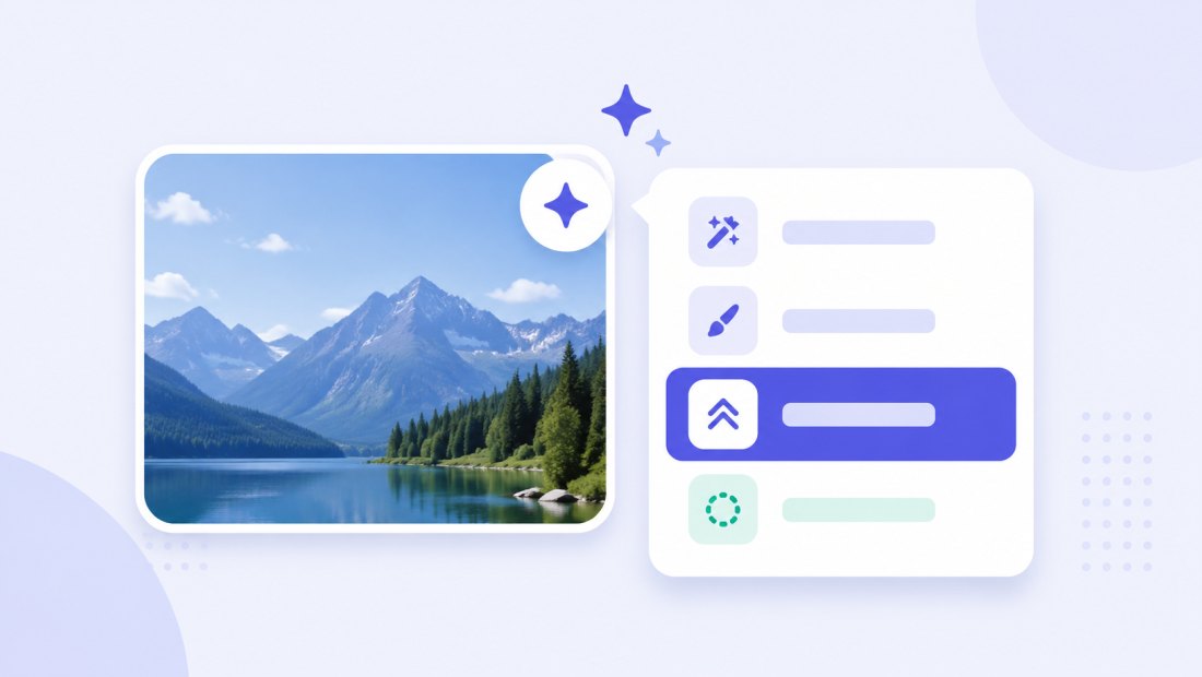 A thumbnail showing the sparkle AI menu open with Upscale 2× and Upscale 4× options