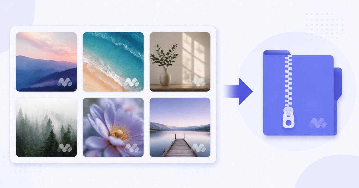 A grid of photo thumbnails, each showing the same watermark applied, next to a ZIP folder
