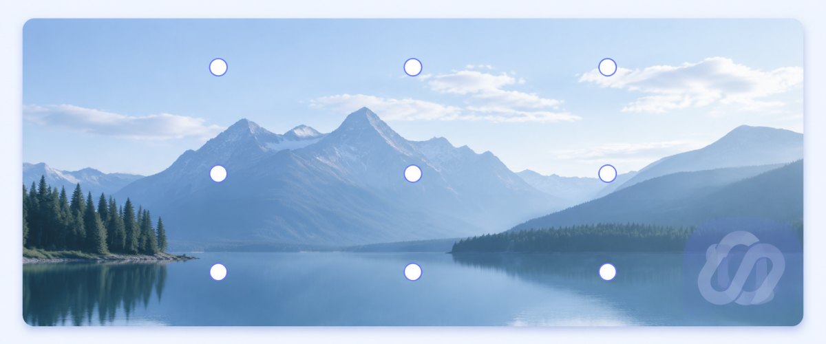 A photo with a 3 by 3 position grid and a semi-transparent watermark mark placed in the bottom-right corner